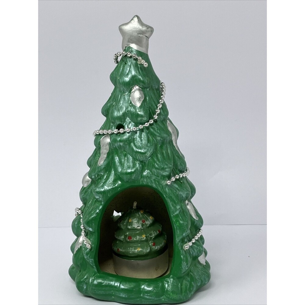 Christmas Tree Votive Sconce Candle Holder Ceramic 7.5" Green & Candle